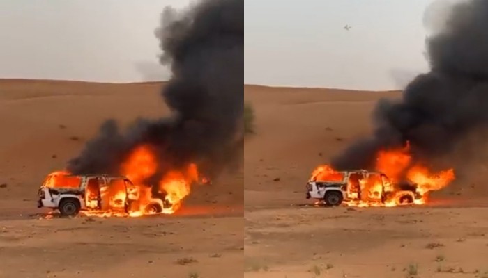 إماراتي يحرق سيارته في الصحراء خوفا من الحسد (فيديو)